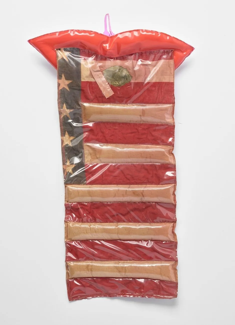 Inflatable red lip with american flag coming out, betsy ross look what they've done with the flag that you made with such care, Exhibition view of canadian artist joyce wieland heart on retrospective at the national gallery of canada, mmfa.