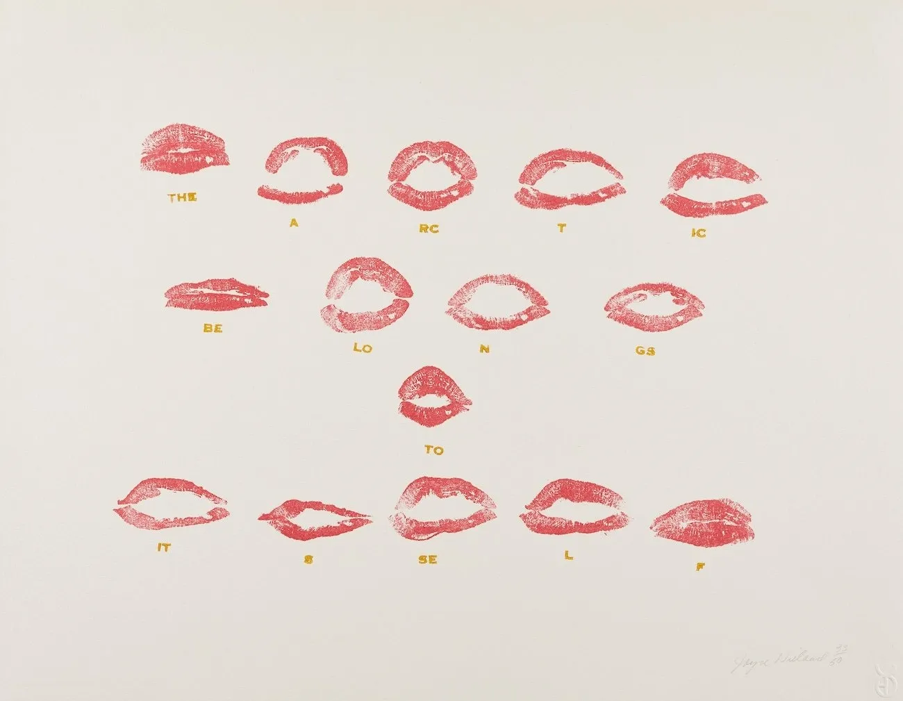 Lip stick prints on white paper, the arctic belongs to itself, Exhibition view of canadian artist joyce wieland heart on retrospective at the national gallery of canada, mmfa.