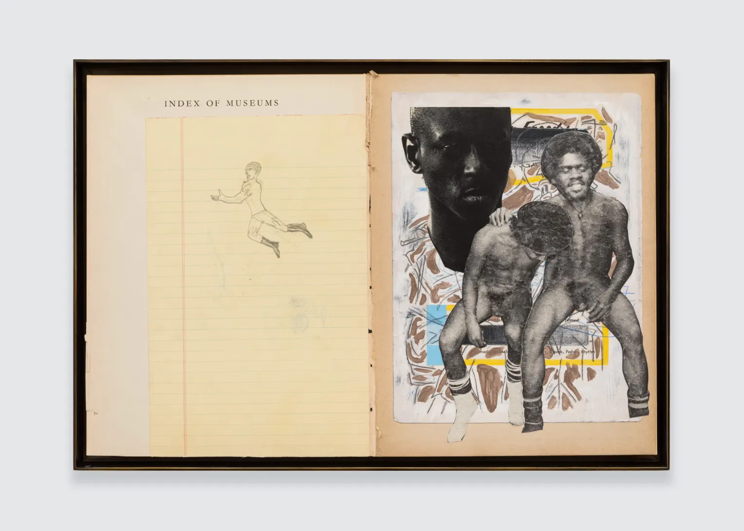 Framed collage work featuring yellow pages of an open book. The binding is fraying, and the pages have various cut images of figures pasted on. The left page of the book's original text reads "INDEX OF MUSEUMS."