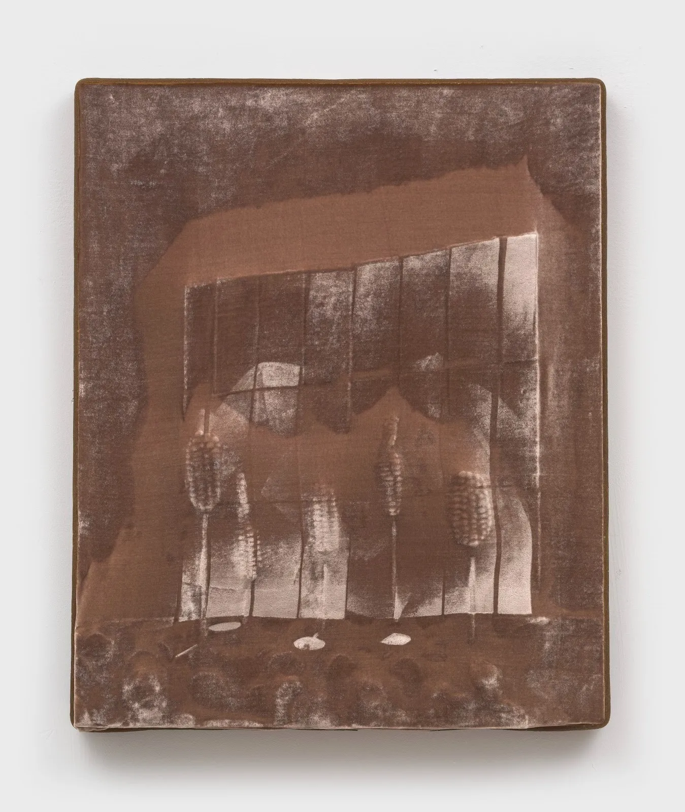 Vertical, blush-brown painting-like work. The surface of the work is velvet, creating shimmery highlights. The relief depicts corn-like stalks against a vaguely grid-like structure.