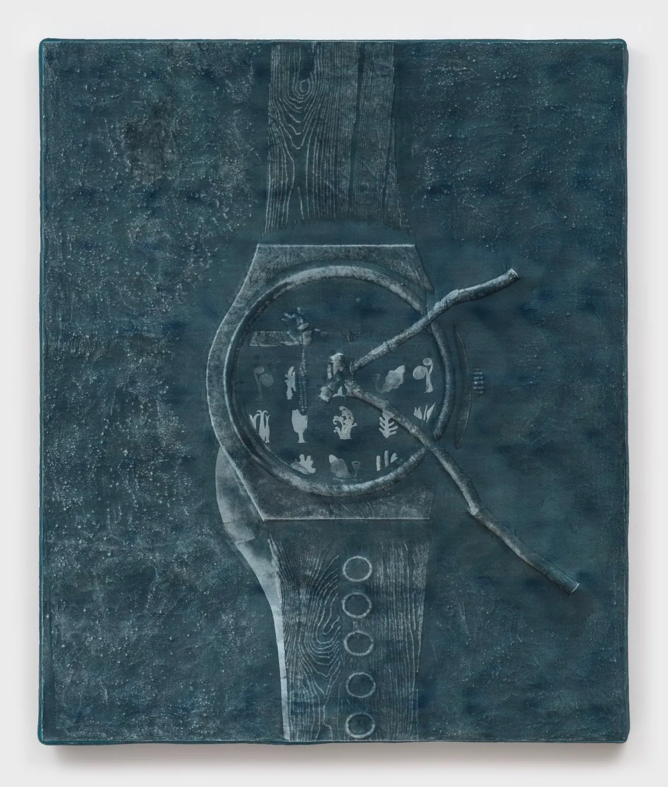 Vertical, dusty, deep teal, painting-like piece. The surface is textured with velvet stretched over it, revealing ridges and highlights. The ridges form an abstracted watch with its hands extending past the borders of the watch.