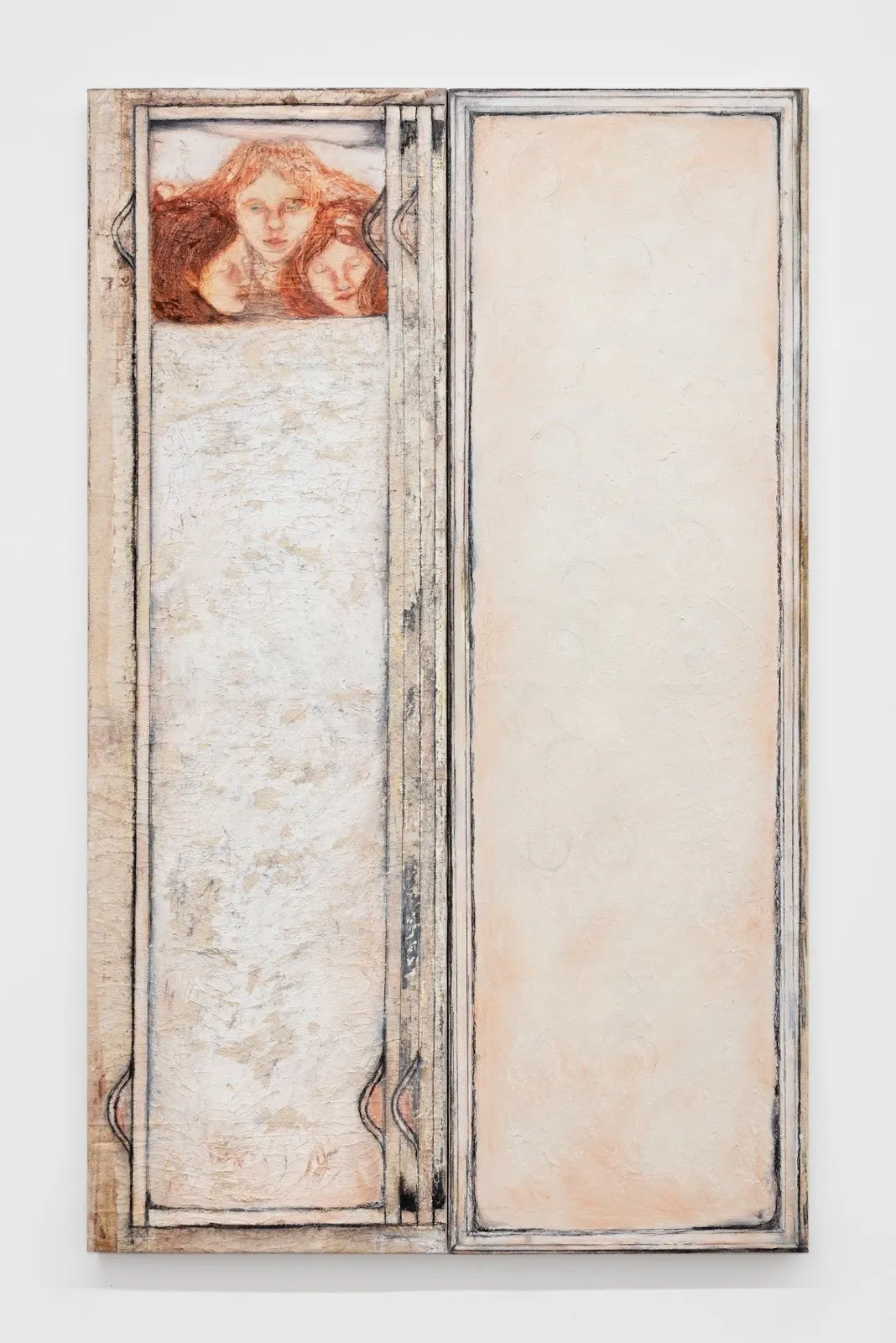 Frontal image of a long, vertical diptych painting. The panels are mostly blank, textured with white brushstrokes and bordered by a painted black frame. On the  top of the left panel, three childlike faces are depicted, joined together in a triangle.