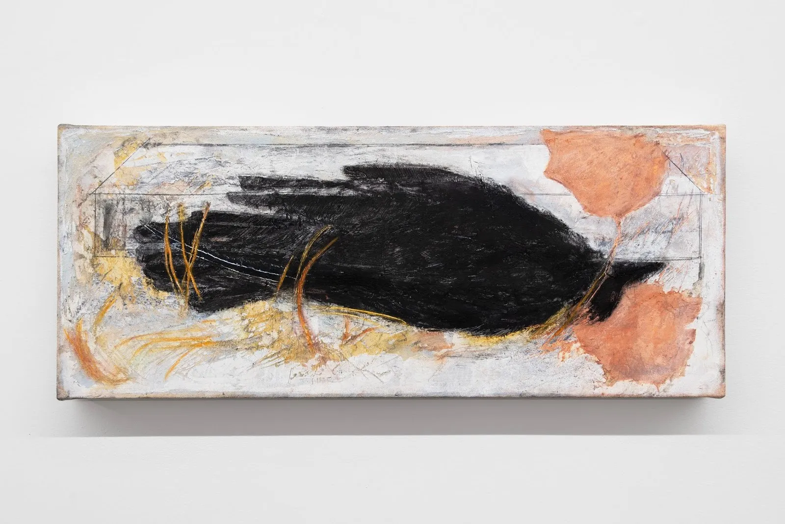 Frontal image of a horizontal painting. The background is textured off-white paint with thin lines creating a long rectangle. In the foreground, a gestural rendering of a supine crow lies amidst scratchlike markings in pastel peach tones.