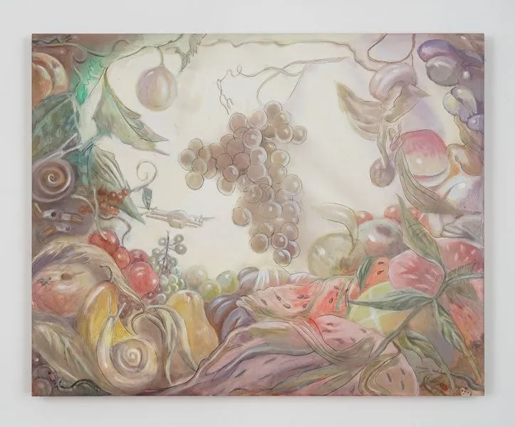 Oil painting of still life in Fantastical configuration, alina bliumis fruits cigarette butts and worms via drone, 2024, gut feelings at situations gallery.