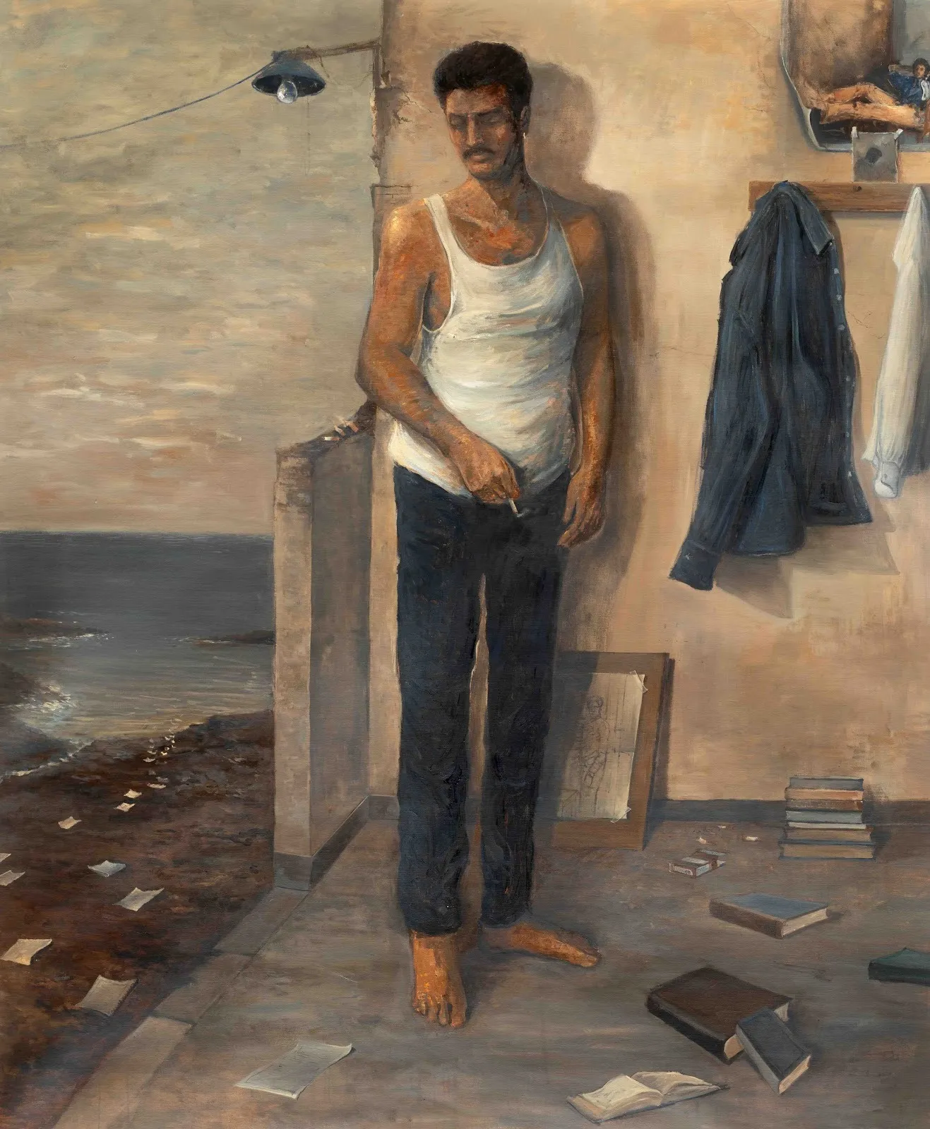 A painting depicts a man in a white tank top and bare feet standing inside an open domicile, looking down. Both interior and exterior can be seen. The painting shows visible brushstrokes, making the painting appear fuzzy.