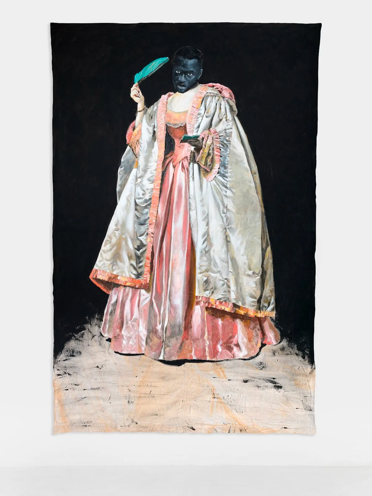 Panting of a figure clad in sumptuous 19th century clothing. The dress is a light, shocking pink, and the white cape features the same pink accents. The figure, painted in both dark blue and pale tones, holds a cyan fan and stares directly out.