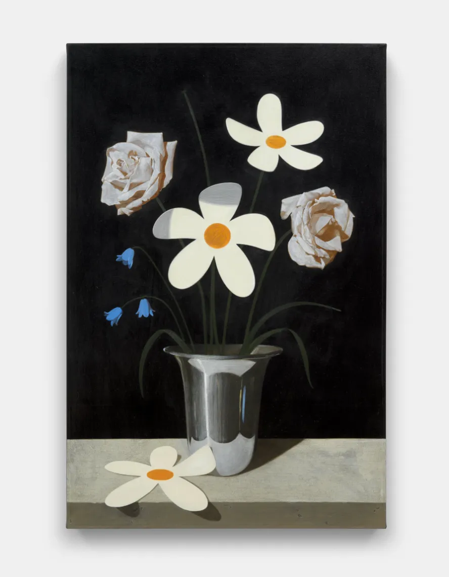 Hyperrealistic painting of flowers in a silver chrome vase. In stark opposition to the mimetic quality of pale pink roses, three large, cartoonish flowers are painted white and dominate the frame.