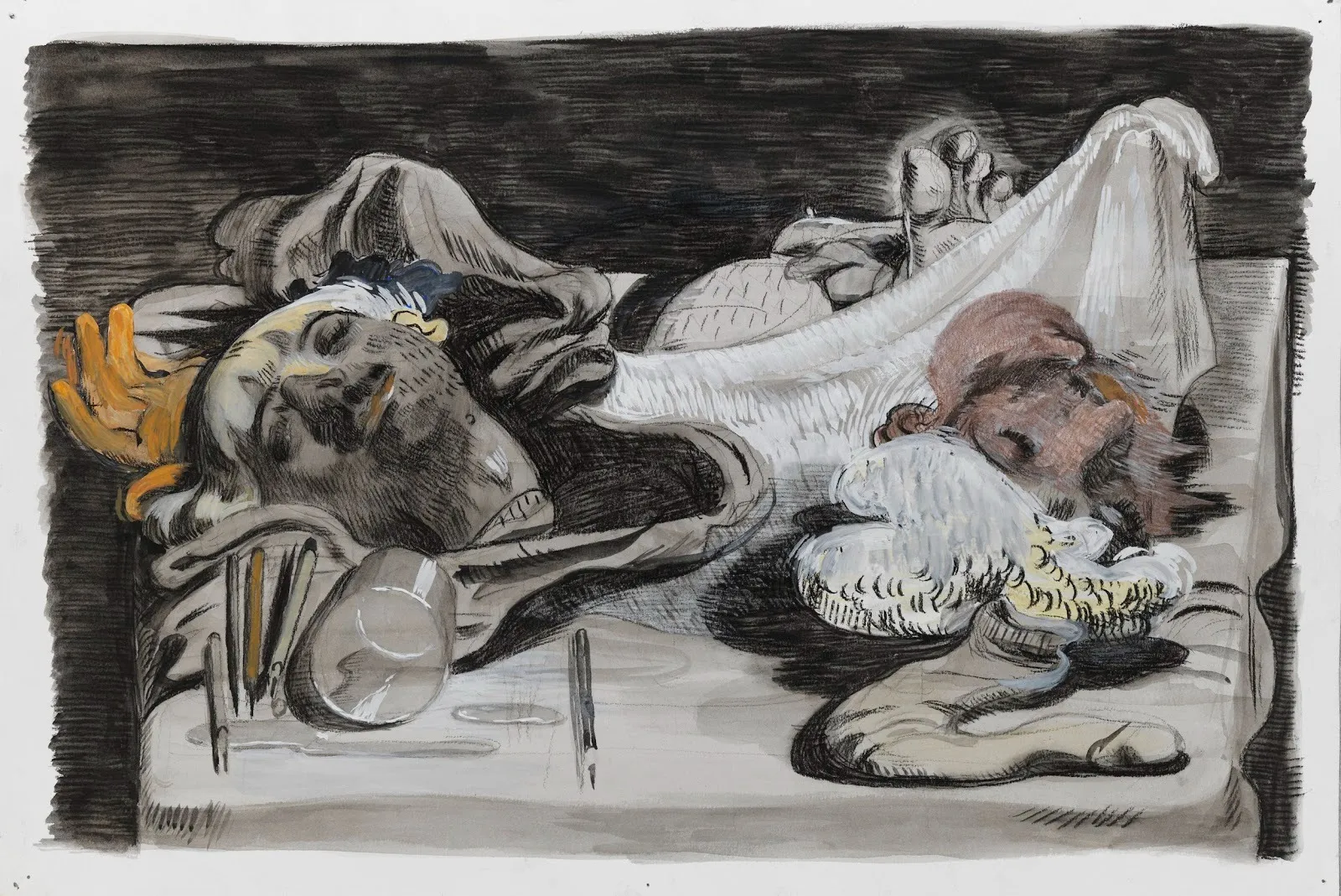 Sketched and painted work features shades of grey, terracotta, and tan. Elements, include a disembodied head,  cloth, cup, and other objects on a table.