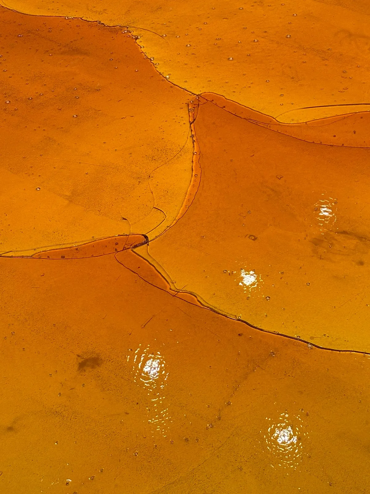Semi-transparent, resinous amber material sits on top of a concrete floor. The material is shiny and has many cracks running through it.