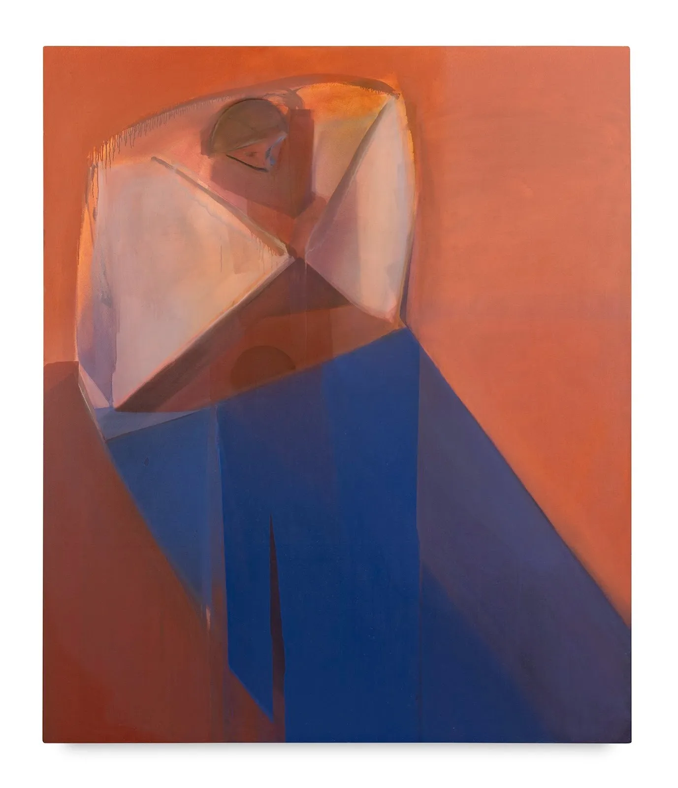 Orange, red, maroon, and blue color field abstract painting referencing the female body by feminist artist Heidi Hahn, not your woman solo exhibition at michael Kohn gallery.