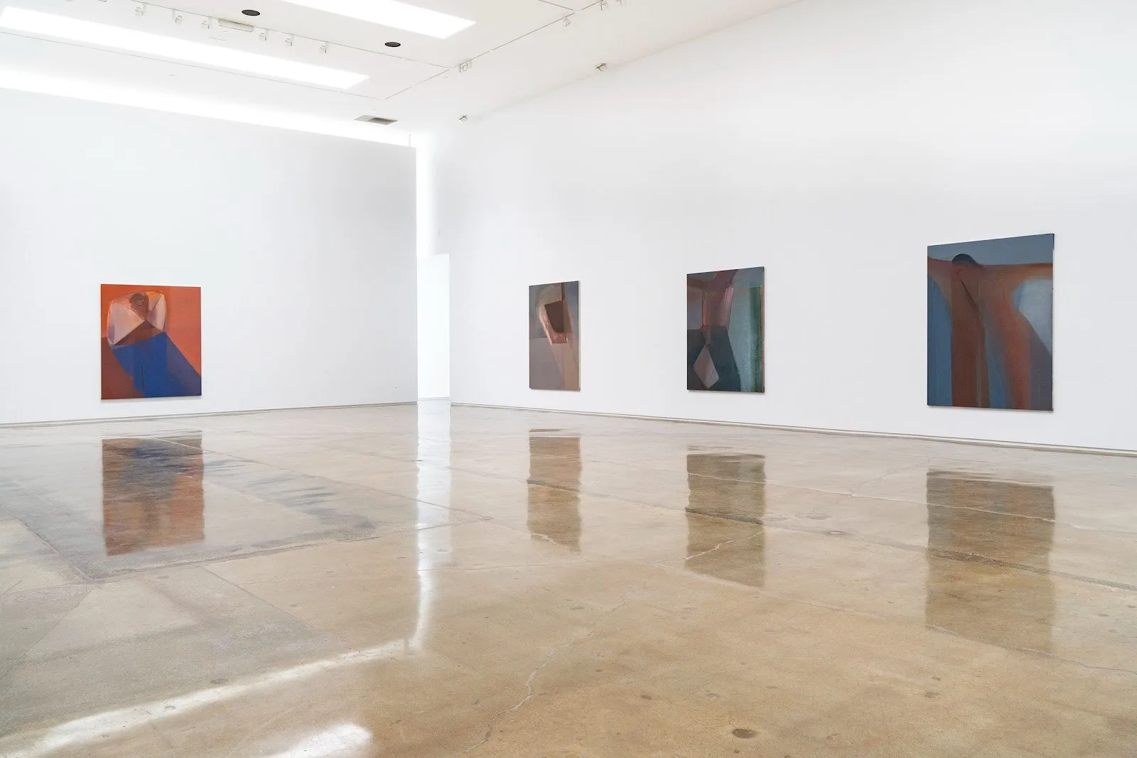 Four abstract color field paintings hanging on the walls of pristine white cube gallery space, Heidi Hahn: Not your woman at Michael Kohn Gallery.