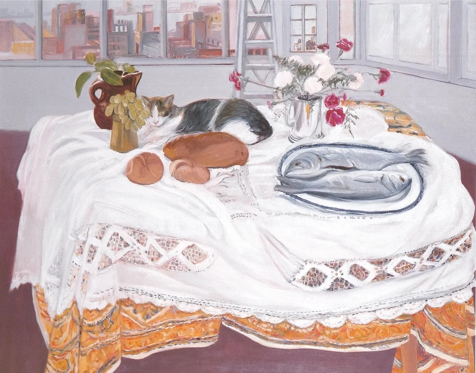 Jane Freilicher oil painting of cat sitting on dining table with white lace tablecloth next to a place with two fish in an urban apartment, oil painting in the collection of the alex katz foundation, painting energy exhibition in portland.
