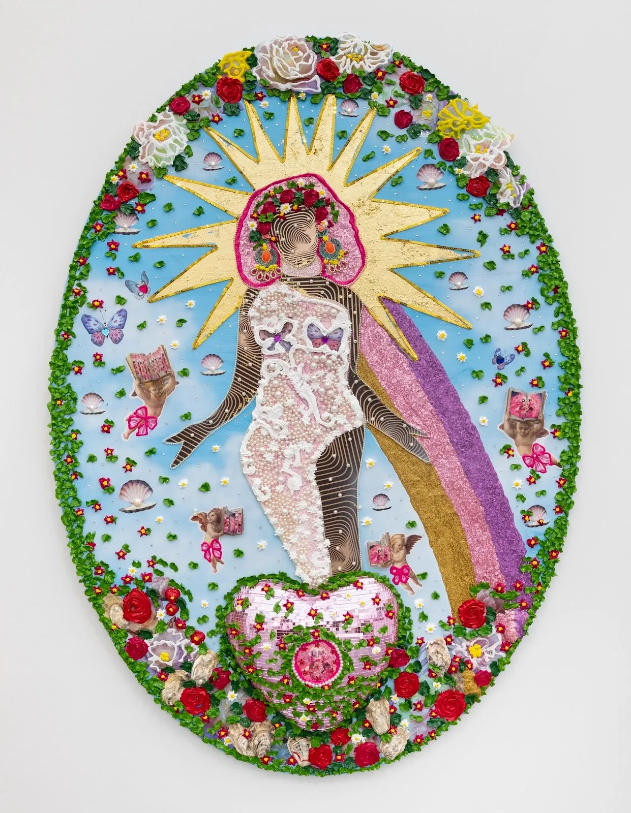 A central, abstracted, decadent figure with outstretched arms is crowned with roses and haloed with rays of light. Rainbows, butterflies, pearls, and blue sky frames the figure in a mandala-like oval.