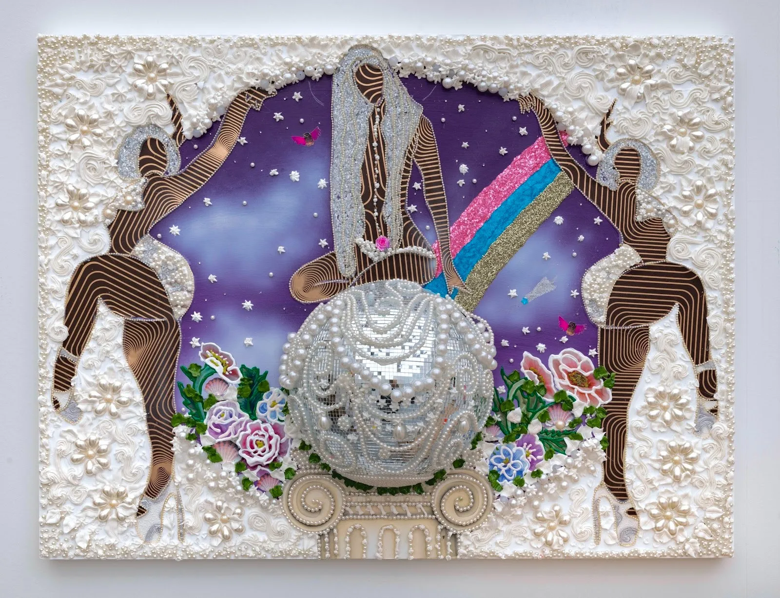 A rectangular wall work features three abstracted figures posing around a protruding half-disco ball draped with strings of pearls. The edges are decorated with pearlescent, textured white.