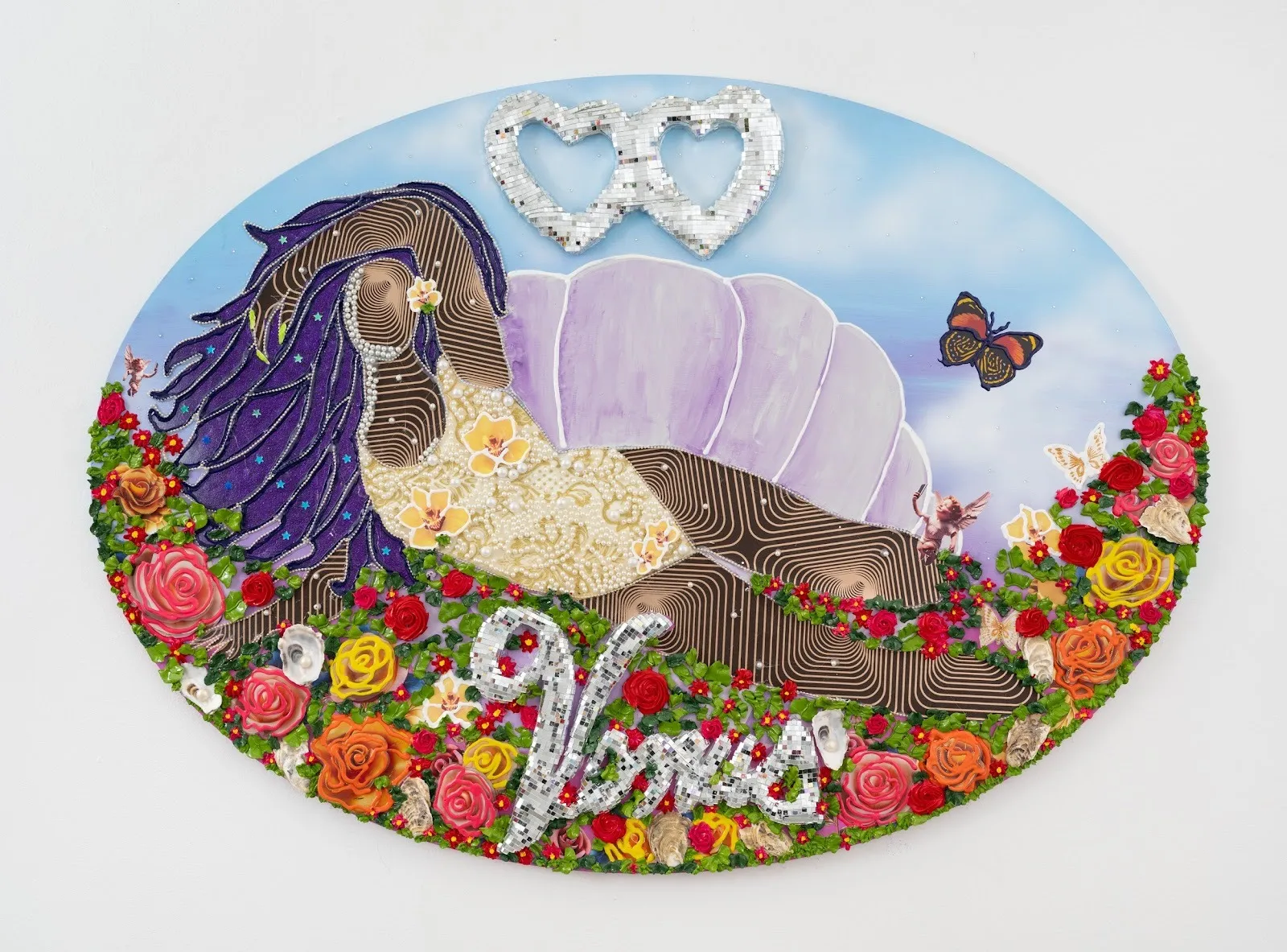 On an oval canvas, an abstracted figure rests in an odalisque-like pose against a seashell, blue sky, and a bed of flowers. In the flowers, the text "Venus" is embedded and ornamented.
