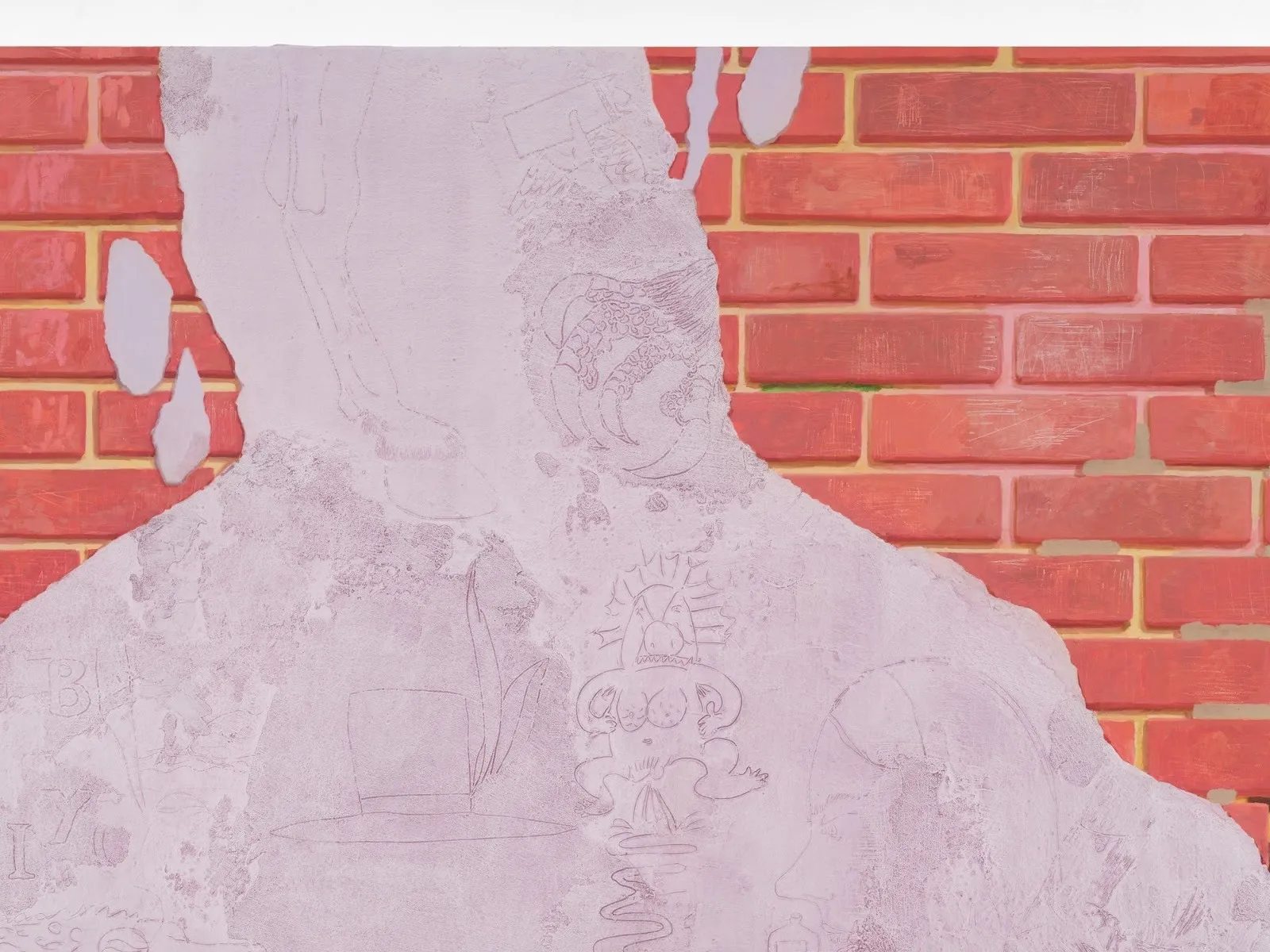 A 2D work depicts a background of bricks with a cutout abstract shape in lavender layered on top. The lavender surface features cartoonish illustrations.
