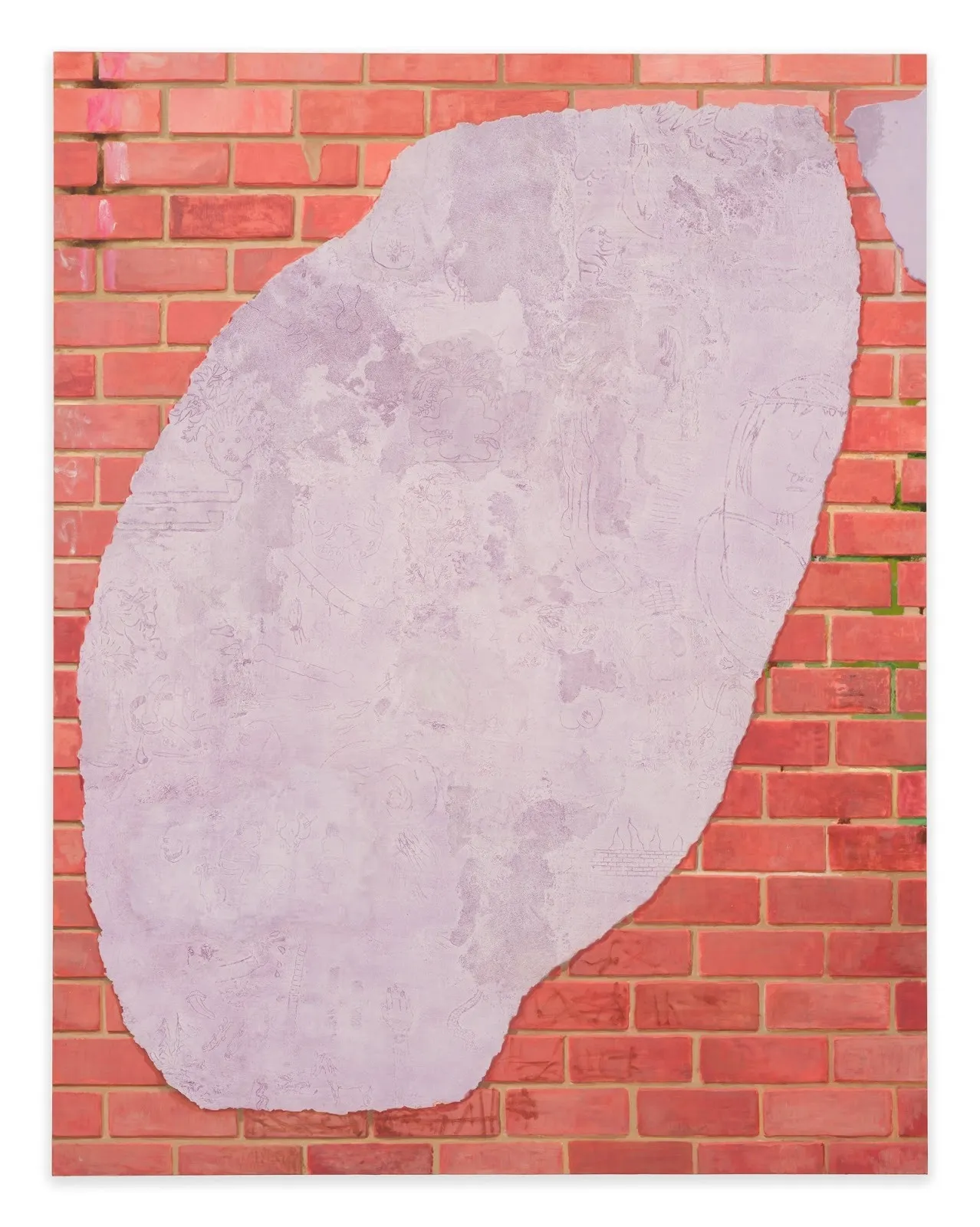 A 2D mixed media work features a fake brick wall with a cutout, amorphous lavender oval with light illustration layered on top.