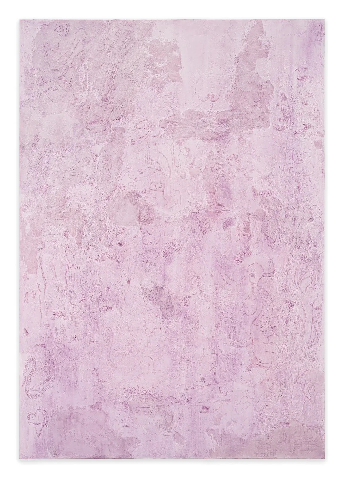 A 2D work features a wash of lavender with multiple monochromatic, cartoonish illustrations throughout.