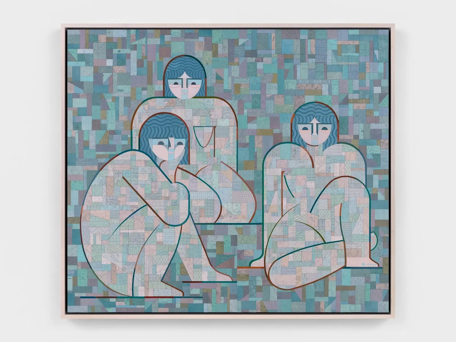 A painting made of small geometric patches depicts three abstracted bodies, presumably women, sitting. The palette is mostly blue, with some light pink and brown tones.