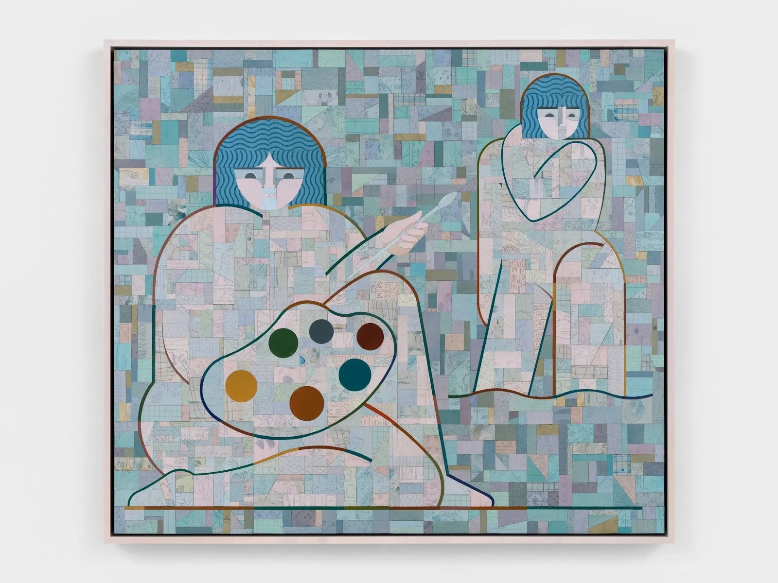 A painting is comprised of small, geometric patches with sketches on each one. The painting depicts two abstracted women, one with holding a painter's palette and brush, and one posing like a model.