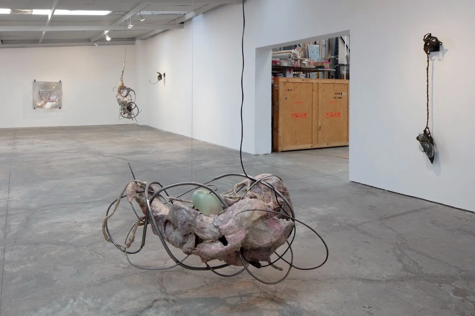 Gallery view with a suspended organic sculpture in the foreground and multiple abstract paintings arranged along the wall.