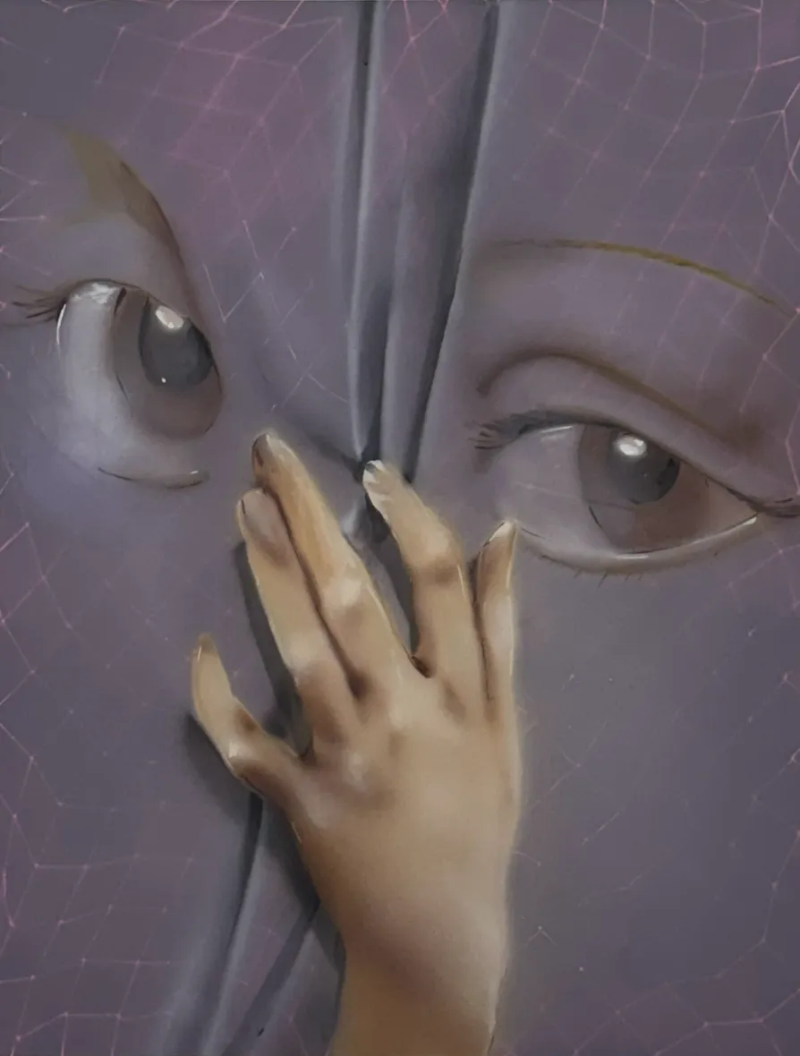 Painting of two eyes, looking at the viewer. The eyes seem to be part of dusty purple fabric, which covers the image's surface. A hand reaches up and touches the fabric, creating creases and folds between the eyes.
