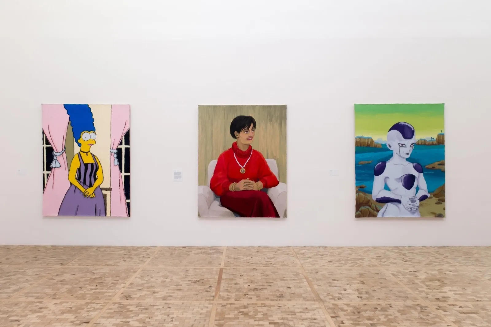 Three large paintings hung on a white wall depict different people, both real and fictional: Marge Simpson, a woman in a red sweater, and an anime character.