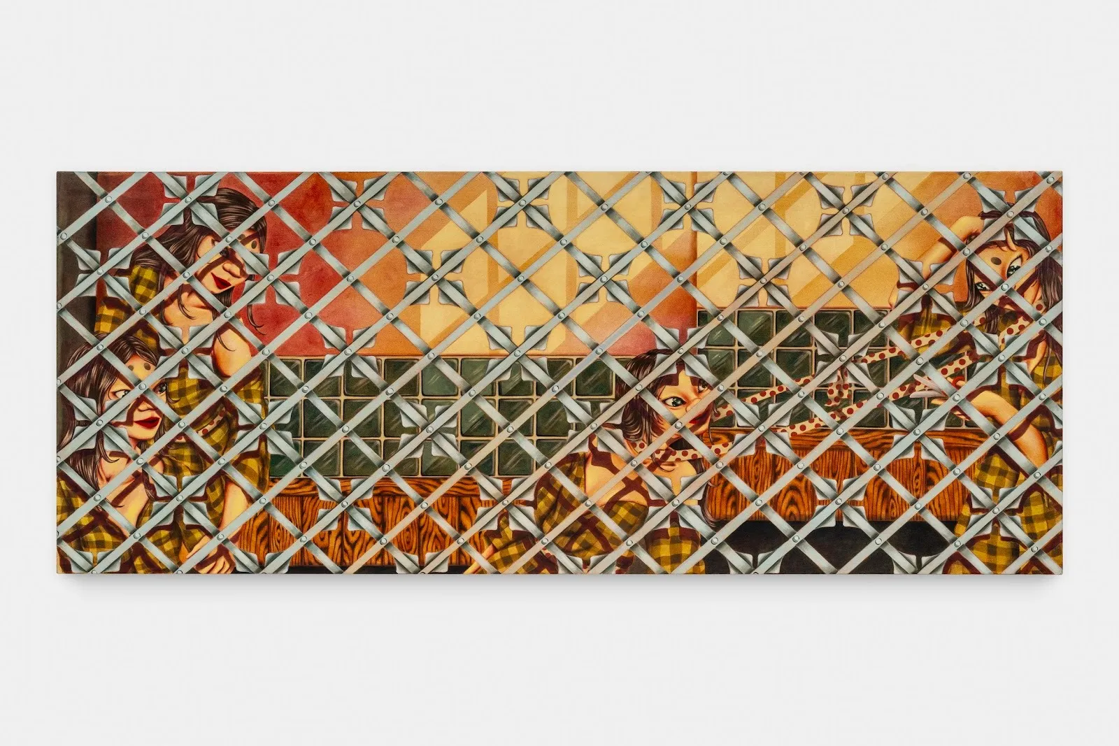 A long, horizontal painting features a view of four women in various states of activity, in a bathhouse setting, screen through a metal-like lattice screen.
