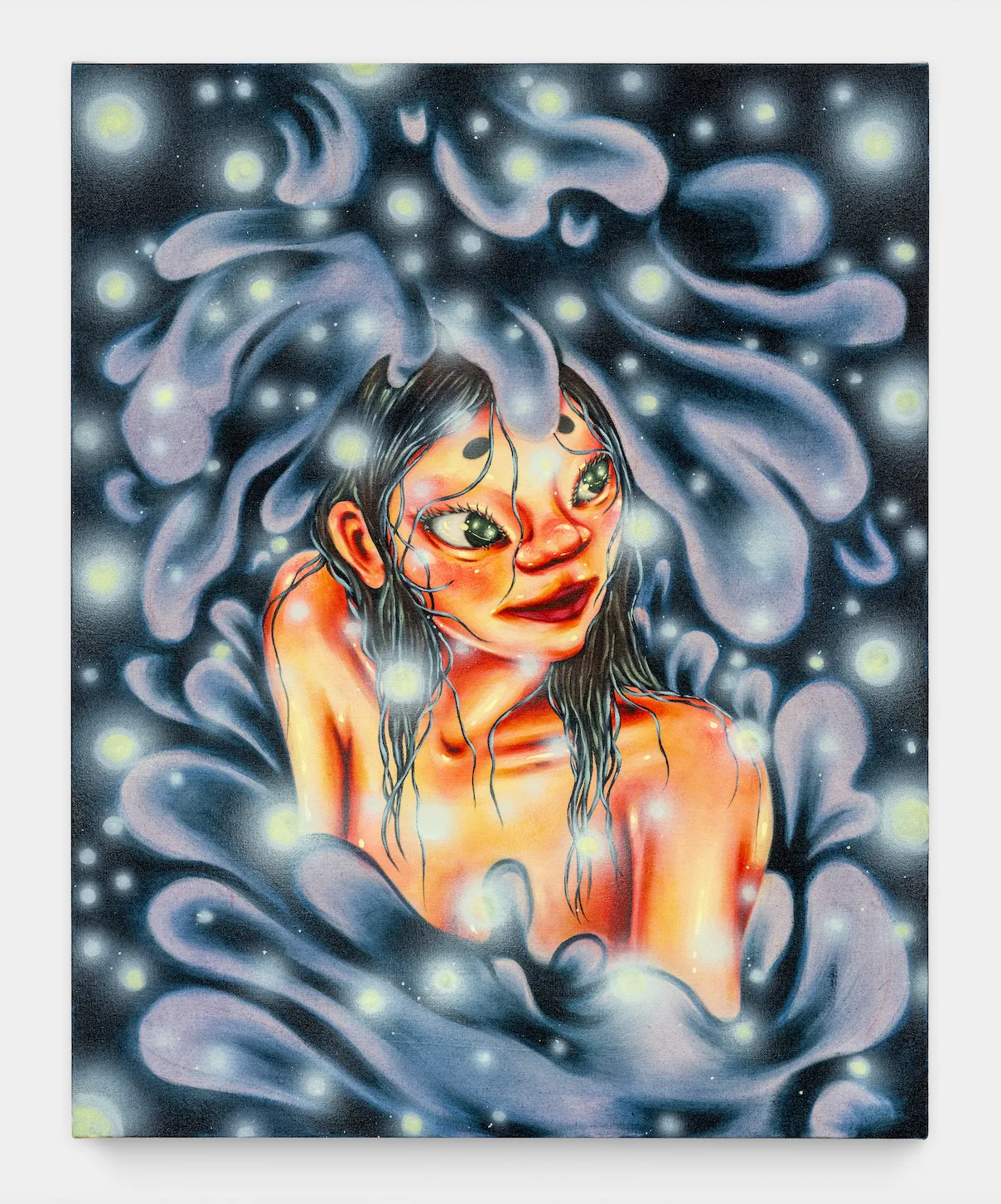 The figure of a woman, painted slightly cartoonishly, looks to the right and smiles slightly. She is surrounded by stylized, viscous blue splashes and spots of glowing light.