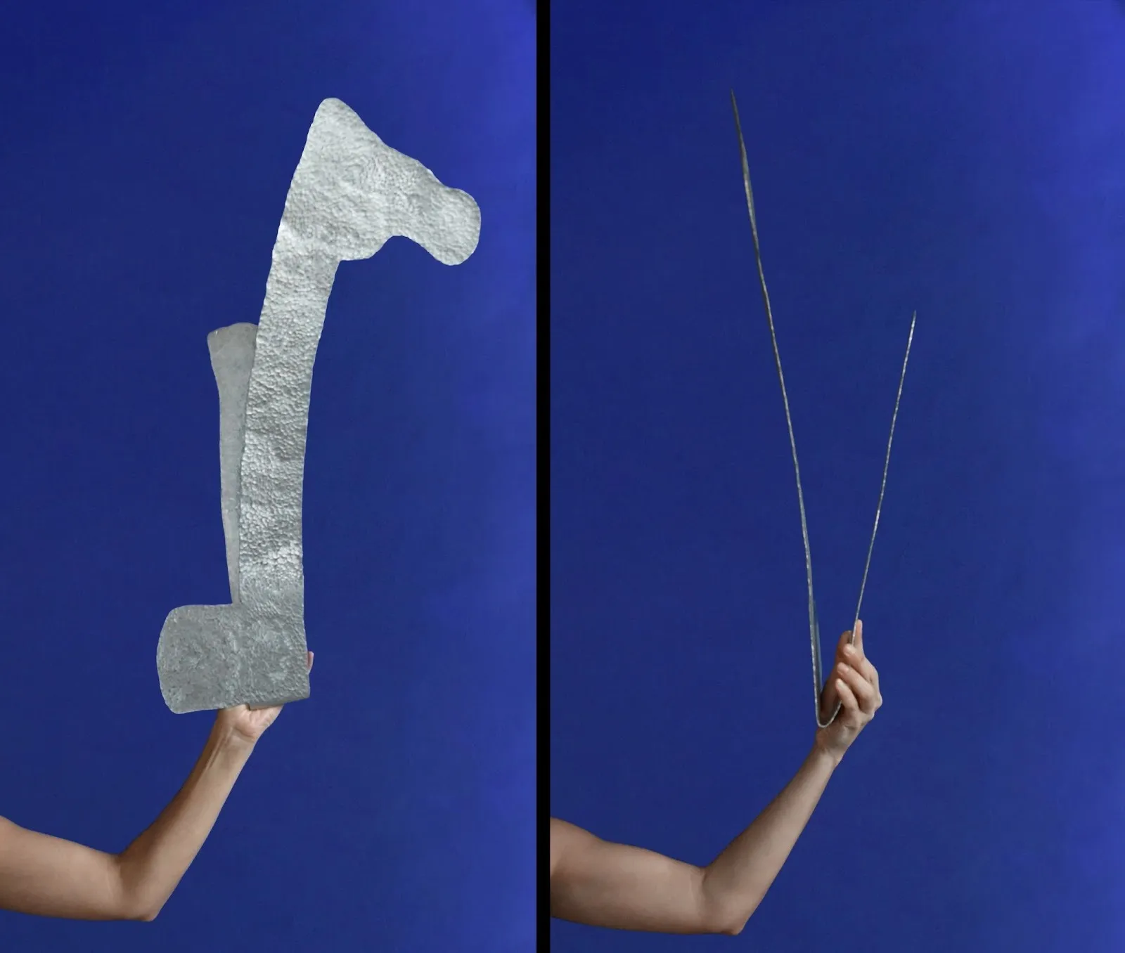 Diptych of arms holding two elongated, irregular silver metal forms against a saturated blue background.