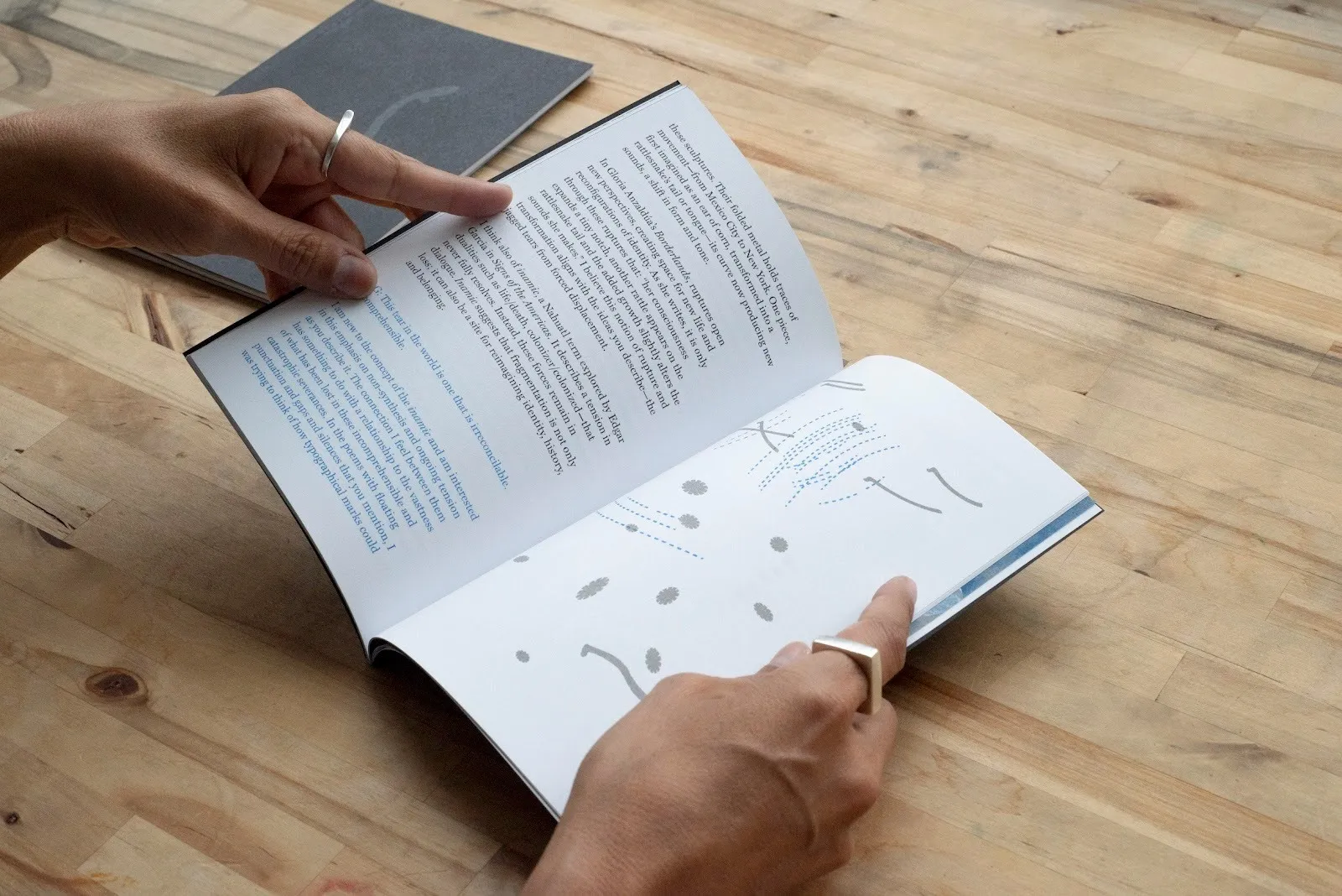 Hands flipping through a book showing abstract gray and blue marks alongside text.
