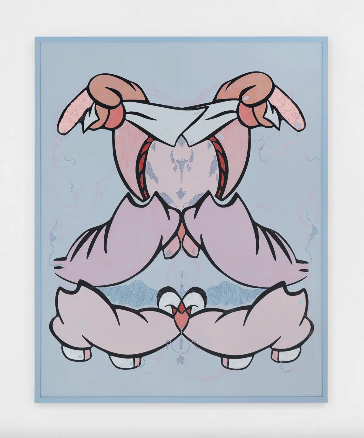 A 2D work is framed in blue and has a similar baby-blue background. The subject of the painting is a symmetrical, cartoonish structure painted in thick, black lines. The subject resembles a cartoon Rorschach test.