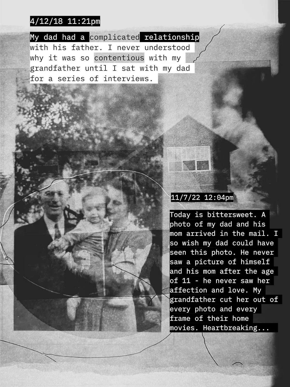 A layered black-and-white collage of an old family photograph and a house, overlaid with typed diary-style text blocks dated 2018 and 2022 describing memories about the artist’s father and grandmother.