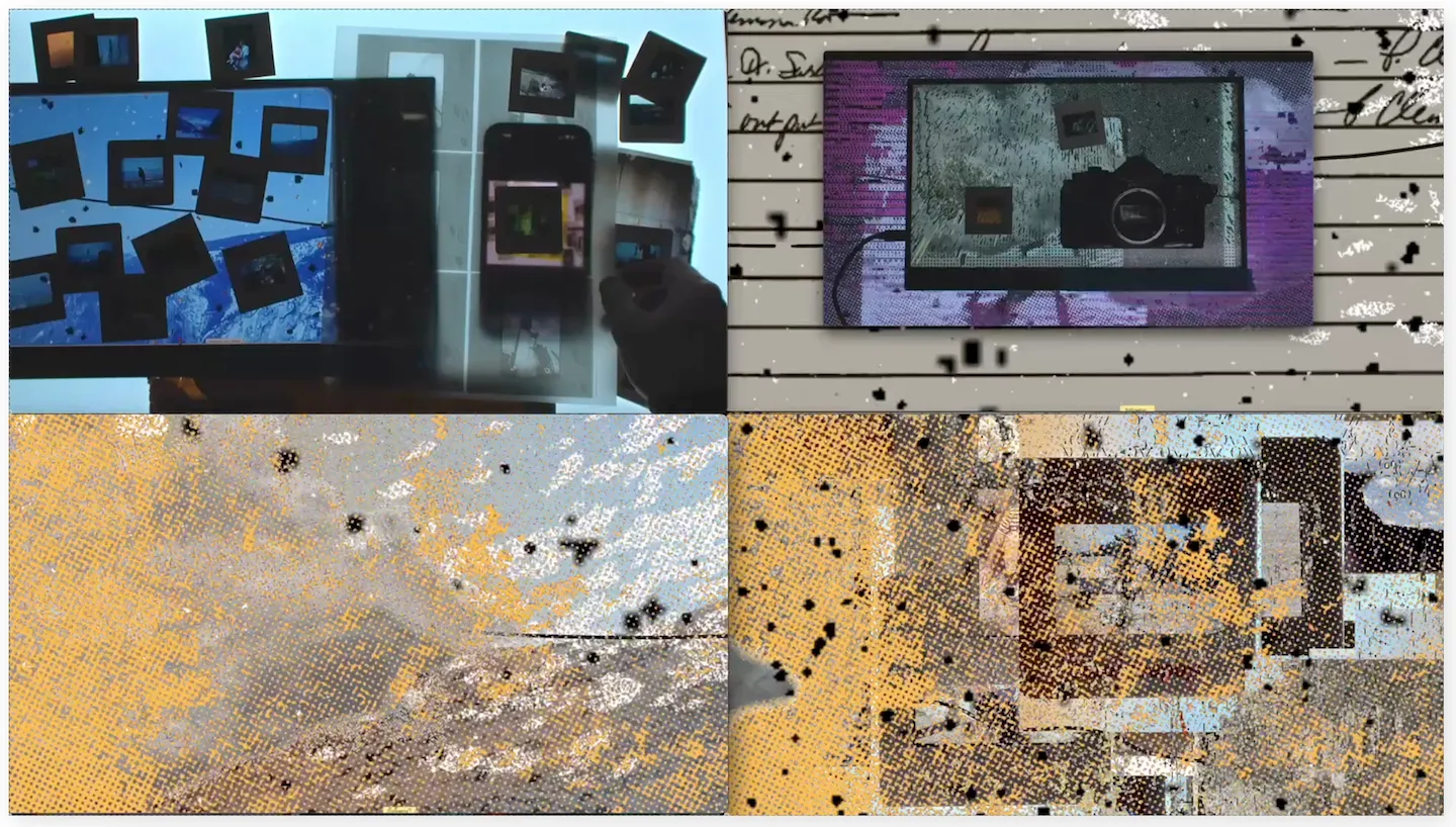 A four-panel digital collage combining images of photo slides, a camera on a lightbox, handwritten notes, and textured, pixelated overlays in blue, yellow, and gray tones.