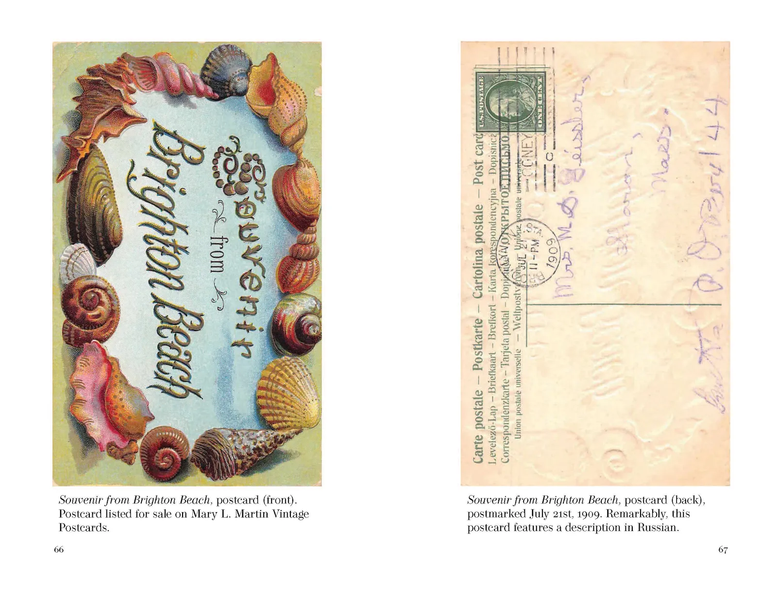A digital scan/view of a book spread. The right side features a postcard from Brighton Beach, decorated with seashell illustrations. The right side feature the back of said postcard with writing. A brief description of each side is under the images.