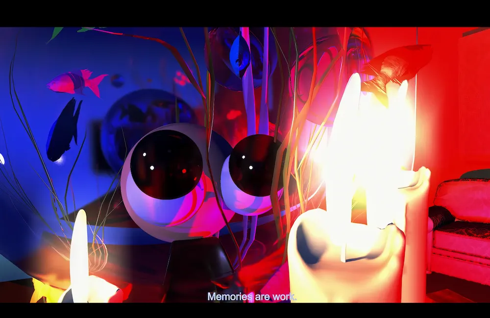 A close-up of a glossy, wide-eyed bubble creature surrounded by glowing candles and floating fish in vivid blue and red lighting; subtitle reads “Memories are work.”