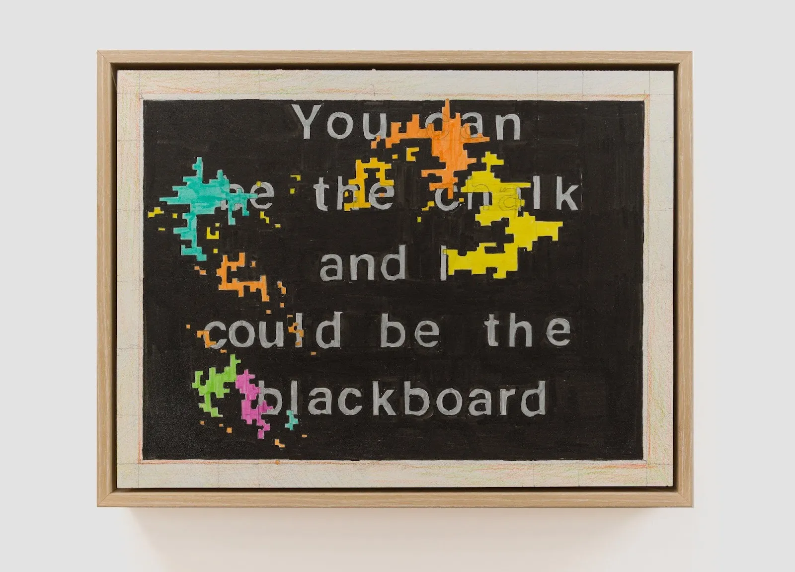 Bryan Castro, Karaoke Screen Within a Blackboard ( You Can / Be the Chalk / and I / Could Be the / Blackboard ) (2023-25). Water-based/pigment-based ink, colored pencils, and graphite on paper, 10 x 13 inches, courtesy of the artist and D.D.D.D.