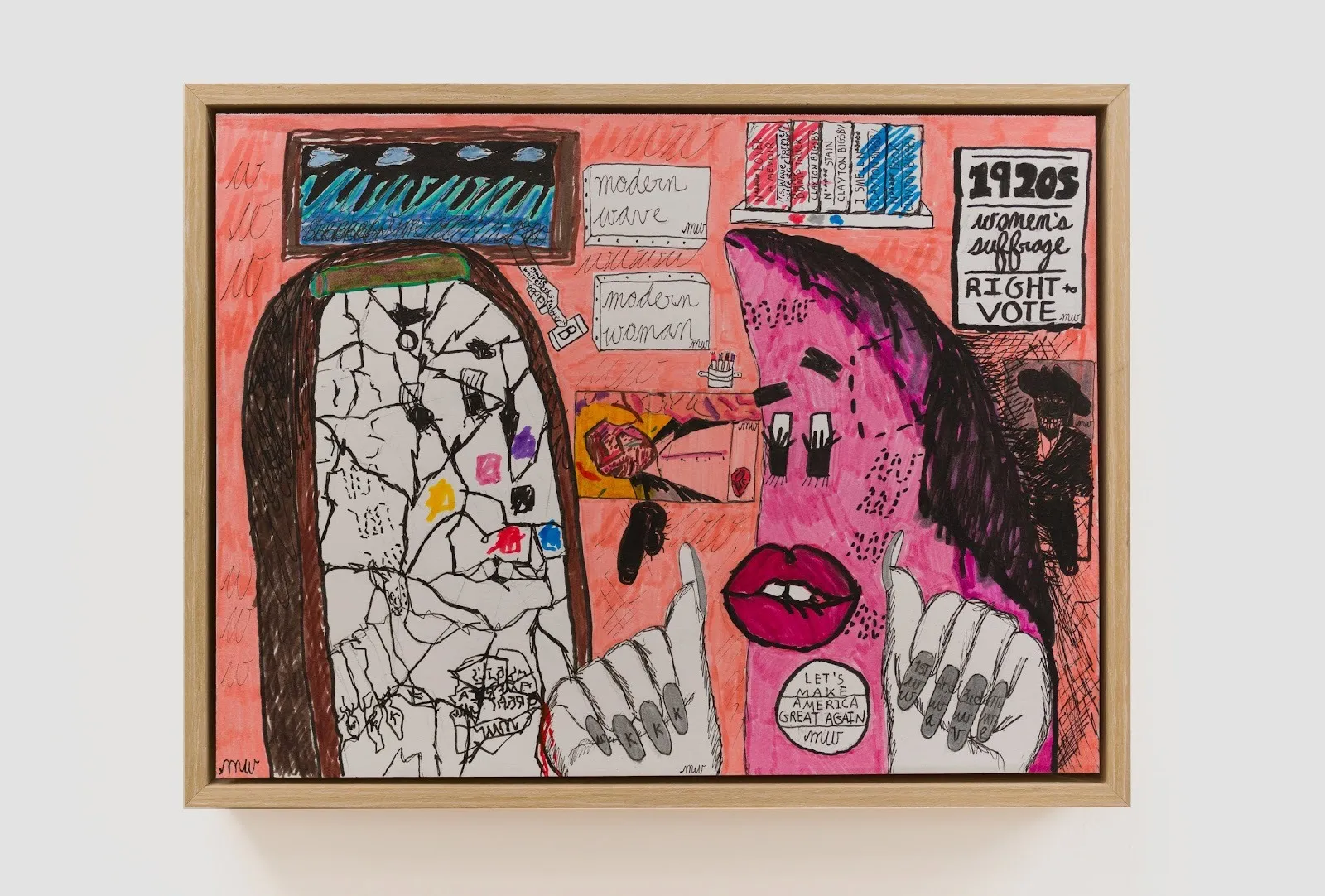 Bryan Castro, Ms.Wave’s Bedroom Studio (2024–25). Water-based/pigment-based ink, gel-based/pigment-based ink, ballpoint pen, and graphite on paper, frame. 10 x 13 inches, courtesy of the artist and D.D.D.D.