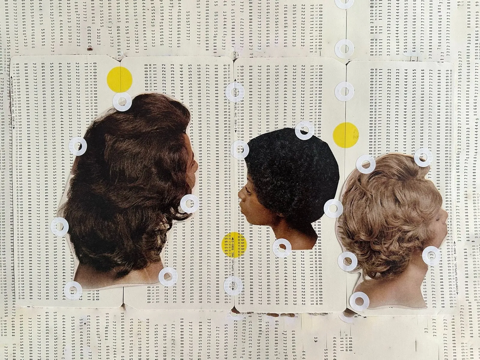 Collaged against printed ledger-like sheets with rows of numbers, three cutout heads of women with different hairdos are imposed. Around the heads, paper hole-protector stickers dot the pages, along with three yellow dots.