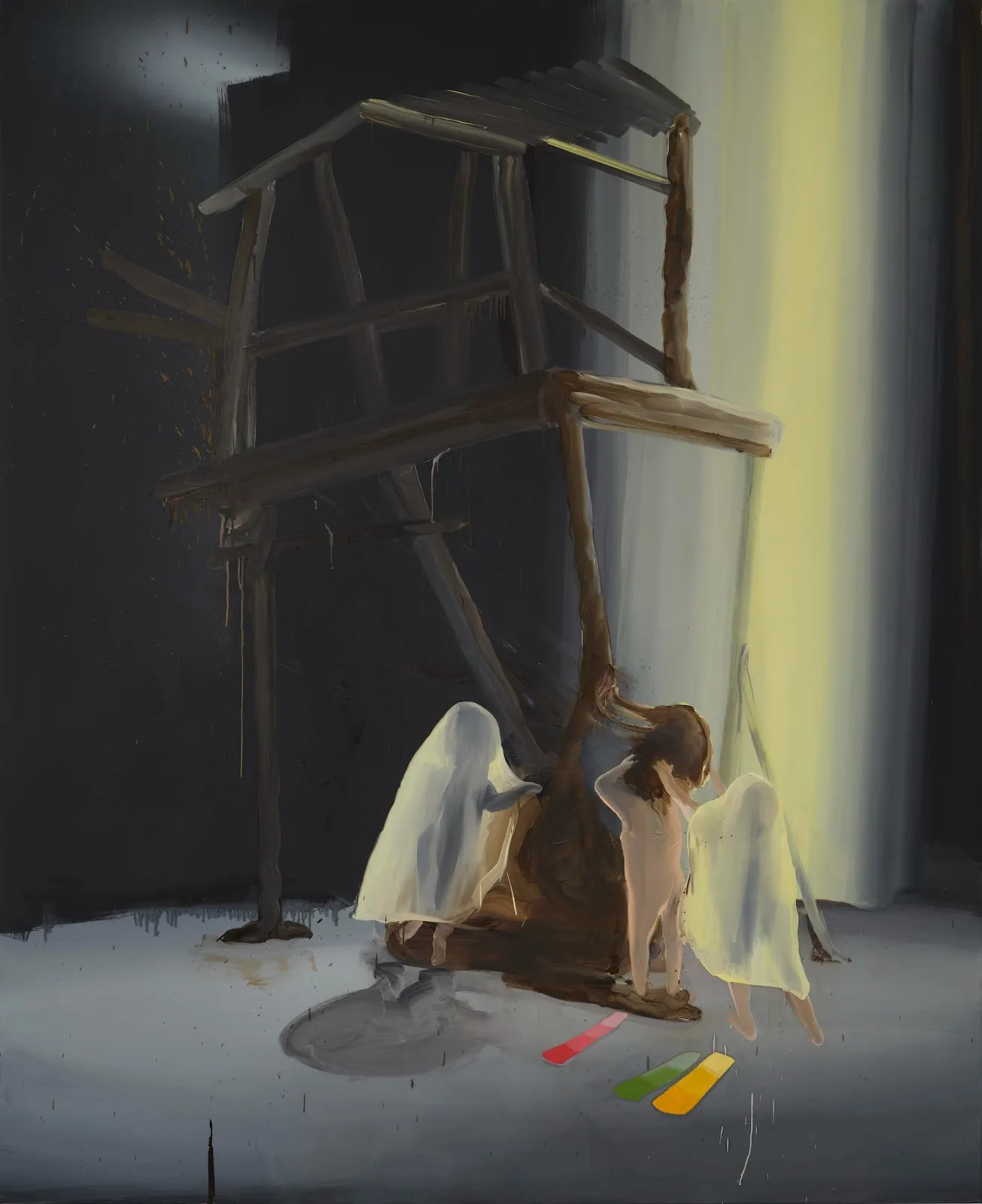 A painting features a dark, liminal setting. In the foreground, a two storied shack-like structure stands, with specter-like figures of children gathered and reaching for it. A beam of pale yellow light stands in the background.