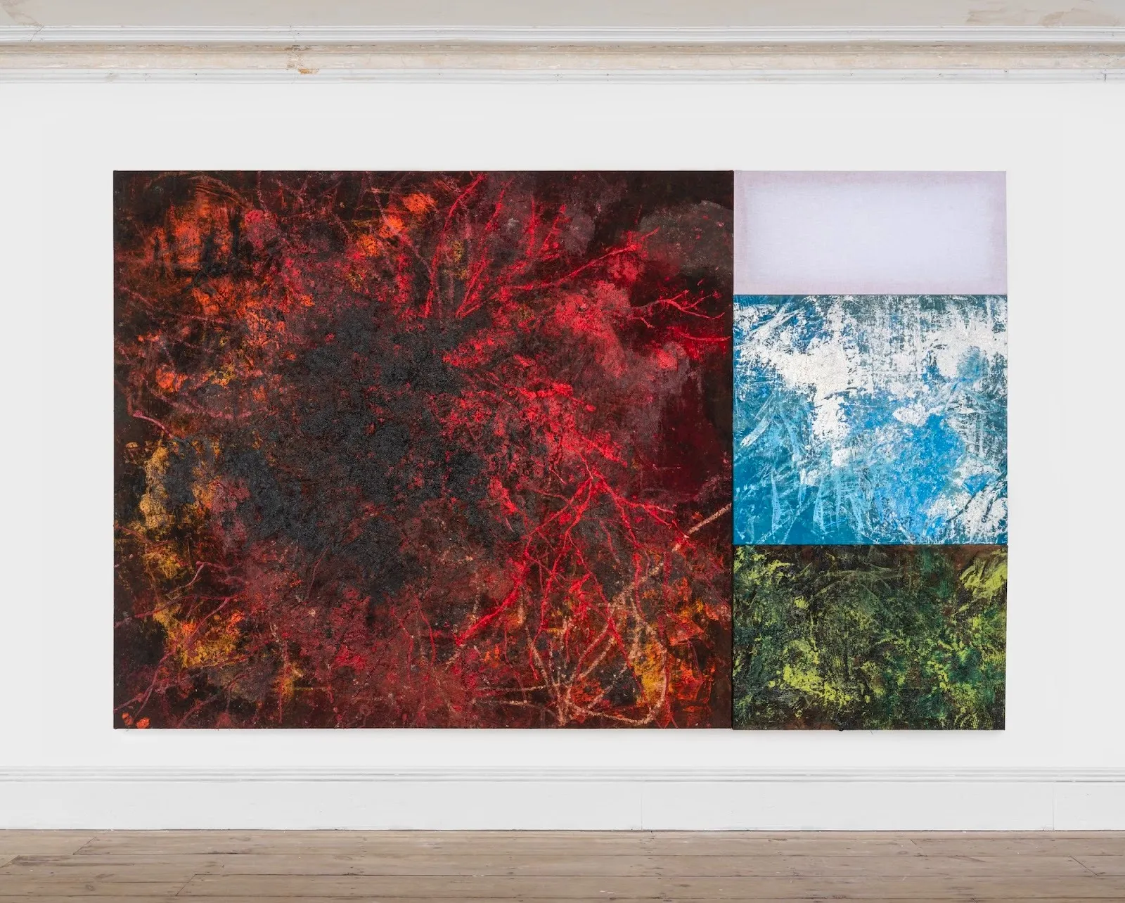 Large composite artwork showing a fiery red-black abstract panel on the left, paired with three smaller abstractions in lavender, blue, and green stacked on the right.