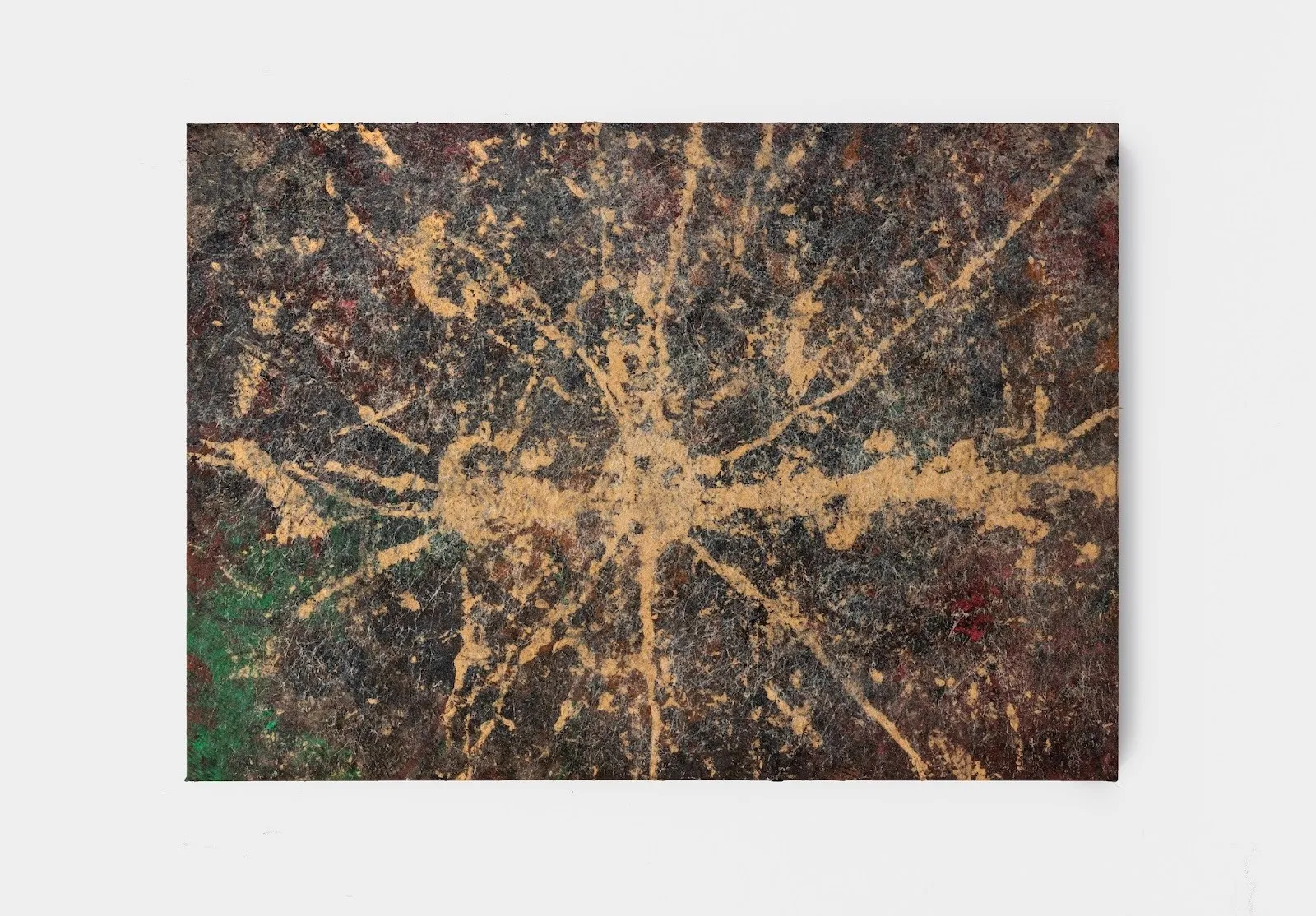 Abstract painting featuring a central tan burst or splatter radiating across a mottled dark ground with hints of green and red.