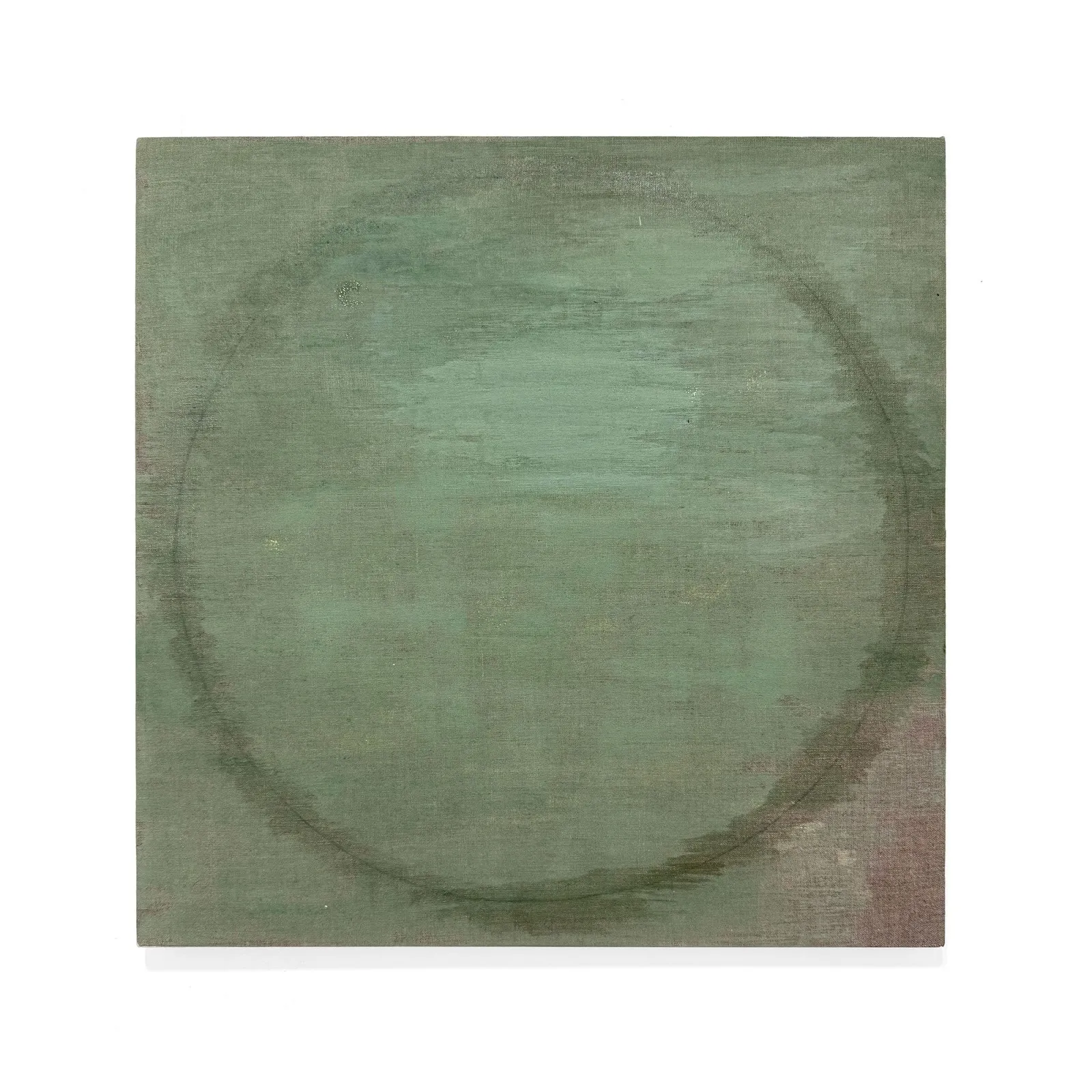 A muted green painting made of washes of paint features a central outlined circle, whose edges bleed from its edges.
