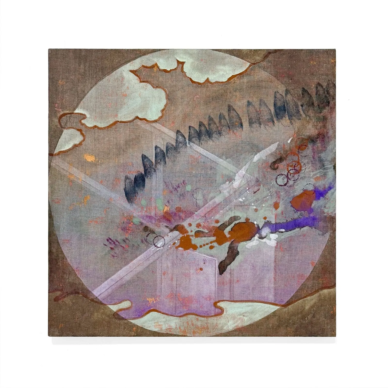 A square painting features a large, central circle and is filled with various colorful marks of paint over a partial white structure.