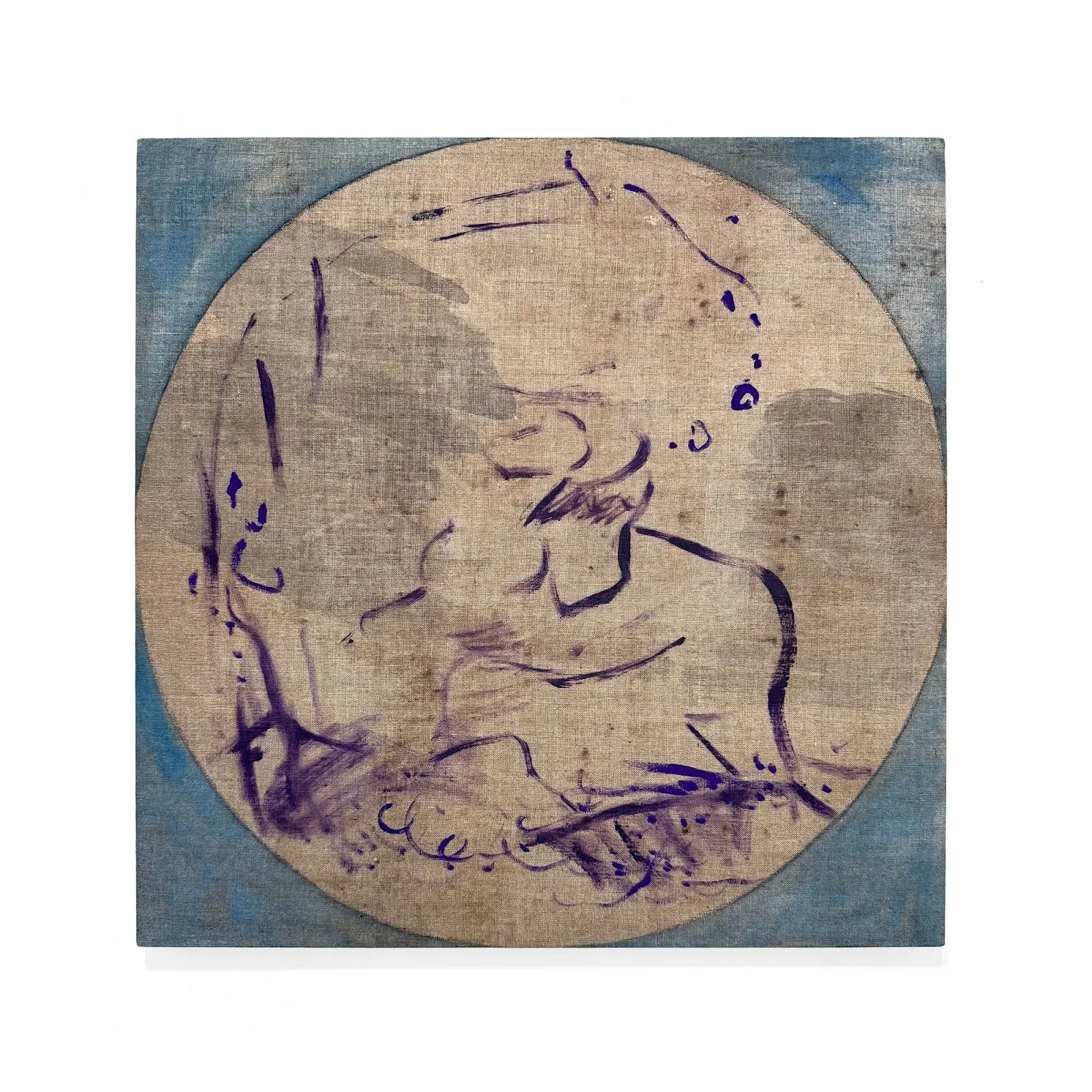 A painting features a central large circle with gestural, abstract brushstrokes made in purple.