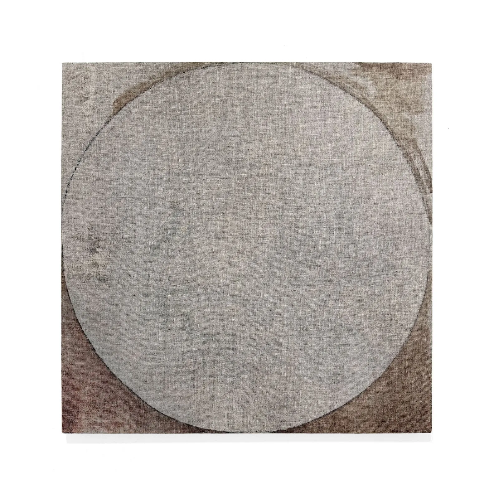 A square painting is made of light and dark greys with a large, central circle whose edges touch the borders of the canvas.