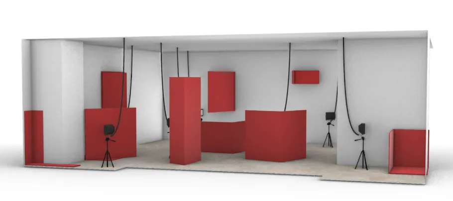 3D rendering of an exhibition layout with red panels, tripods, and hanging cables in a white-walled gallery space.