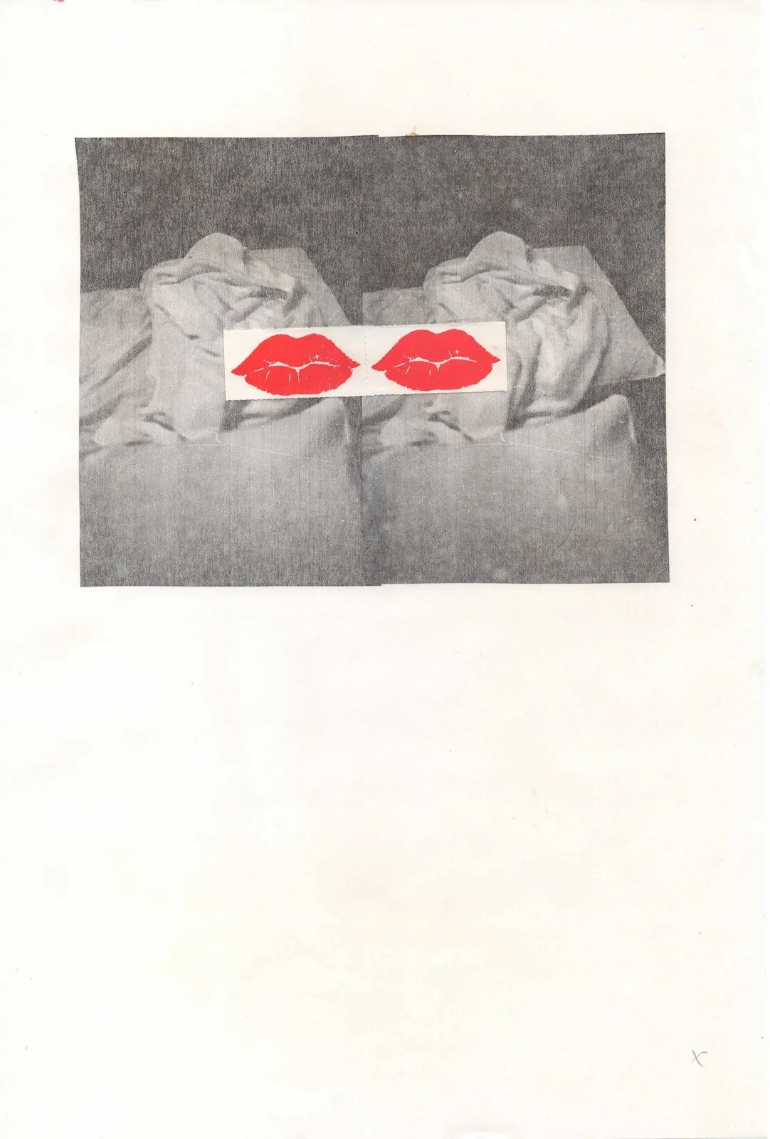 Collage of a grainy black-and-white photo of rumpled bedsheets, overlaid with two bright red lip prints at the center.