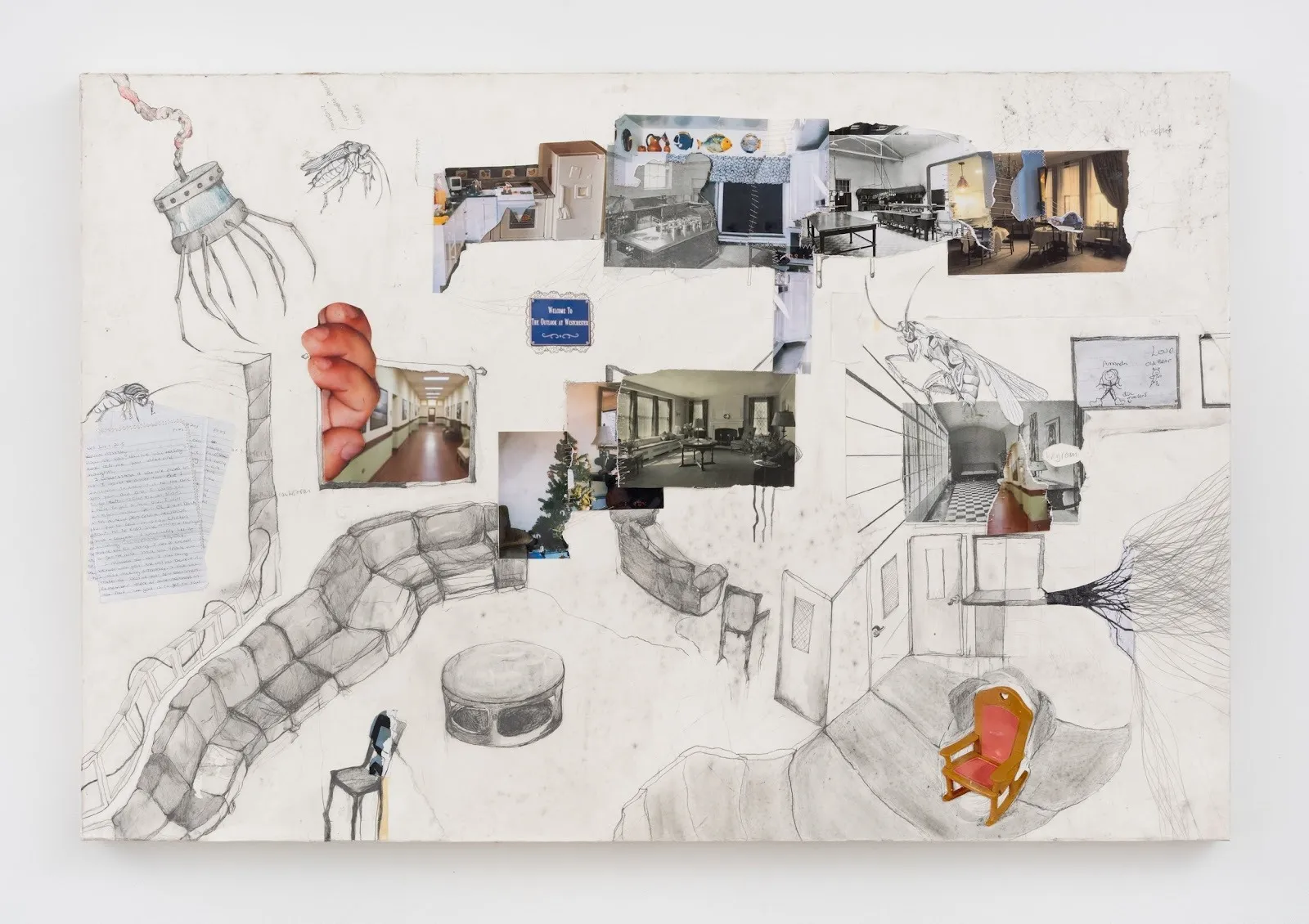 A mixed-media collage on canvas combines pencil drawings of interior spaces with cut-out photographs of rooms, furniture, and anatomical elements.