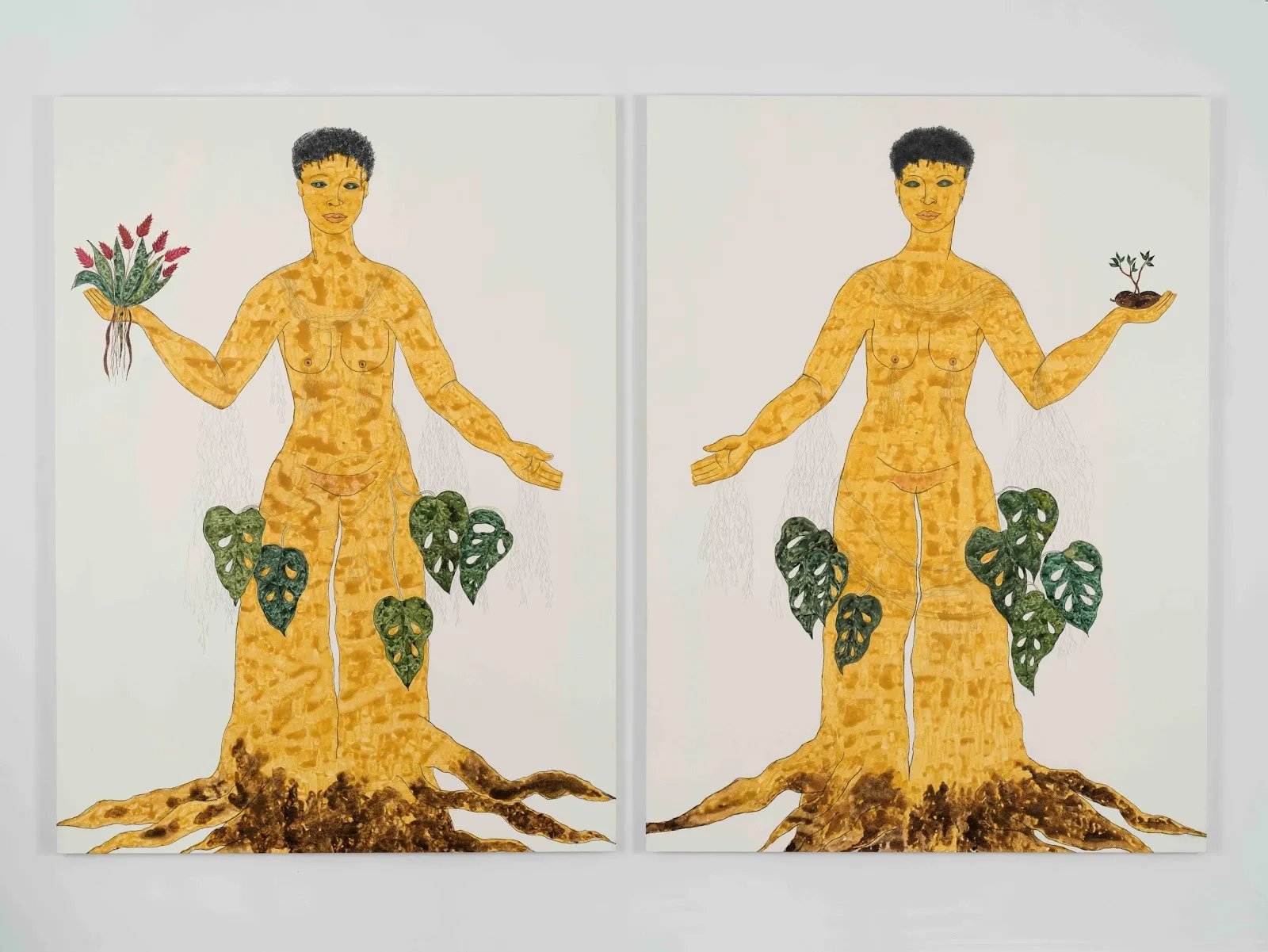 Two similar paintings hang side by side. The subjects mirror each other: women with tree bark-like skin, leaves sprouting from their rooted legs, holding a plant of some sorts in one hand.